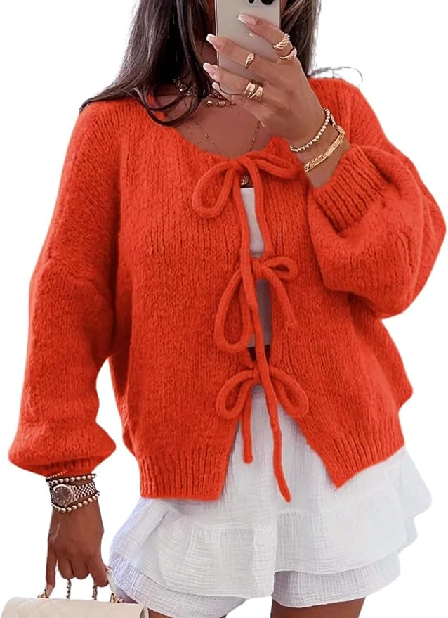 InterNos Womens Bow Tie Front Sweater Cardigan Y2k Chunky Crew Neck Lace Up Crochet Knit Outwear ... | Amazon (US)