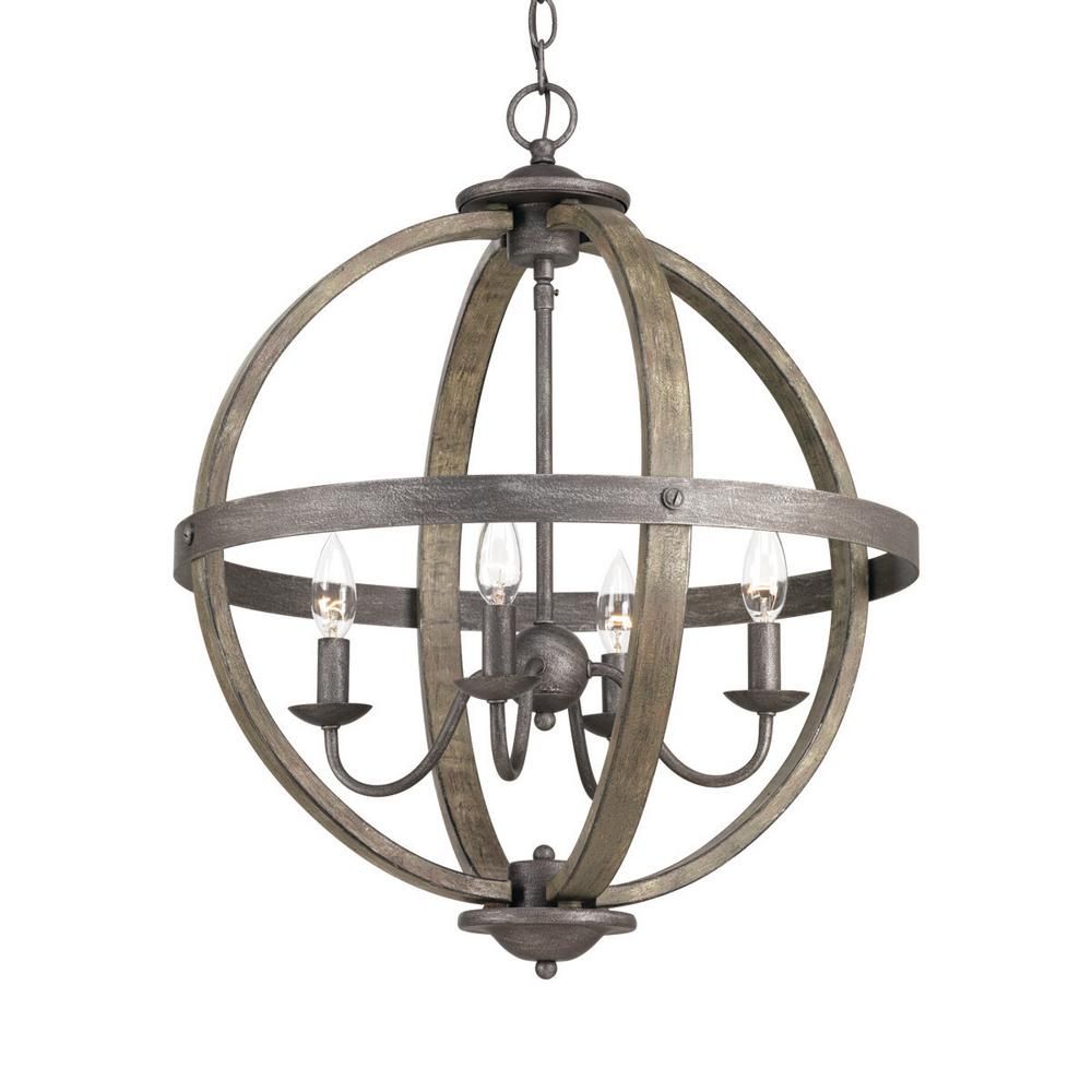 Progress Lighting Keowee Collection 19.88 in. 4-Light Artisan Iron Orb Chandelier with Elm Wood A... | The Home Depot