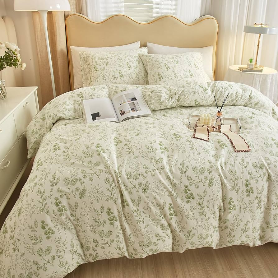 HighBuy 3 Pieces Duvet Cover Queen White Duvet Cover with Green Floral Print,Soft Cotton Comforte... | Amazon (US)