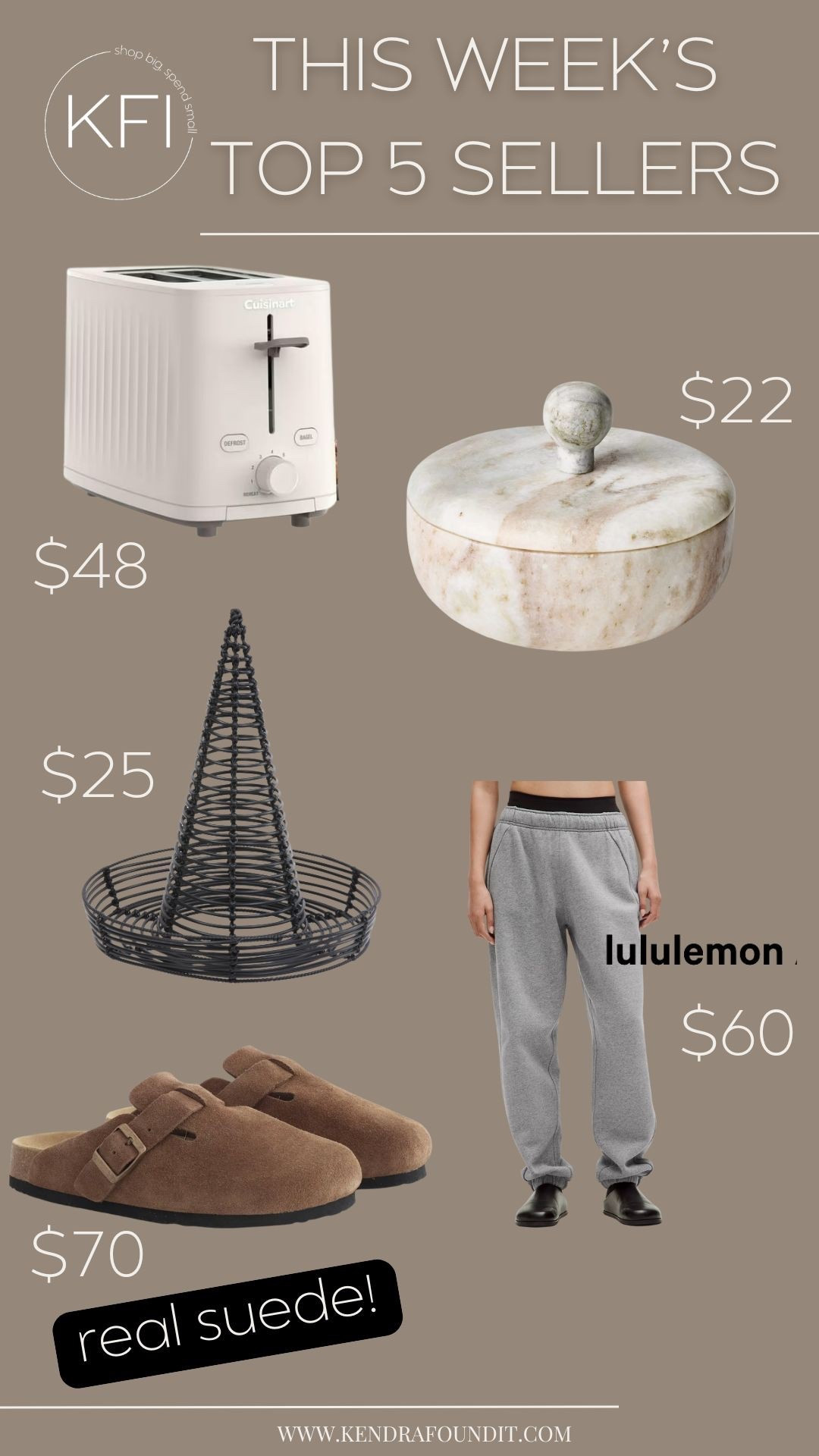 This week’s bestsellers are so good — and totally capture cozy season! Let’s break it down:
🧇 The fluted cream Cuisinart toaster from Walmart is chic enough to leave on your counter (and under $50!). 🪨 That marble lidded box from Target is a designer-look staple — perfect for stashing jewelry, matches, or countertop clutter. 🧙‍♀️ I couldn’t believe my eyes when I saw this wicker witches Halloween hat TJ Maxx — it’s a McGee and Co. dupe! 🩶 The viral Lululemon sweatpants are still going strong — soft, flattering, and worth the hype. 👟 And you guys LOVED these real suede Birkenstock clog dupes from Quince… at just $70, they’re a fall must-have.
If you're budget-conscious but still want an aesthetic, curated home (and closet), you're in the right place.

#LTKHome #LTKSeasonal #LTKStyleTip