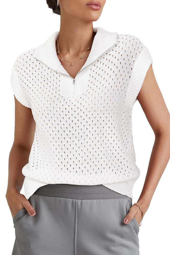 Arach&Cloz Womens Summer Cap Sleeve Sweater Vest 2025 Spring Casual Quarter Zip Hollow Out Croche... | Amazon (US)