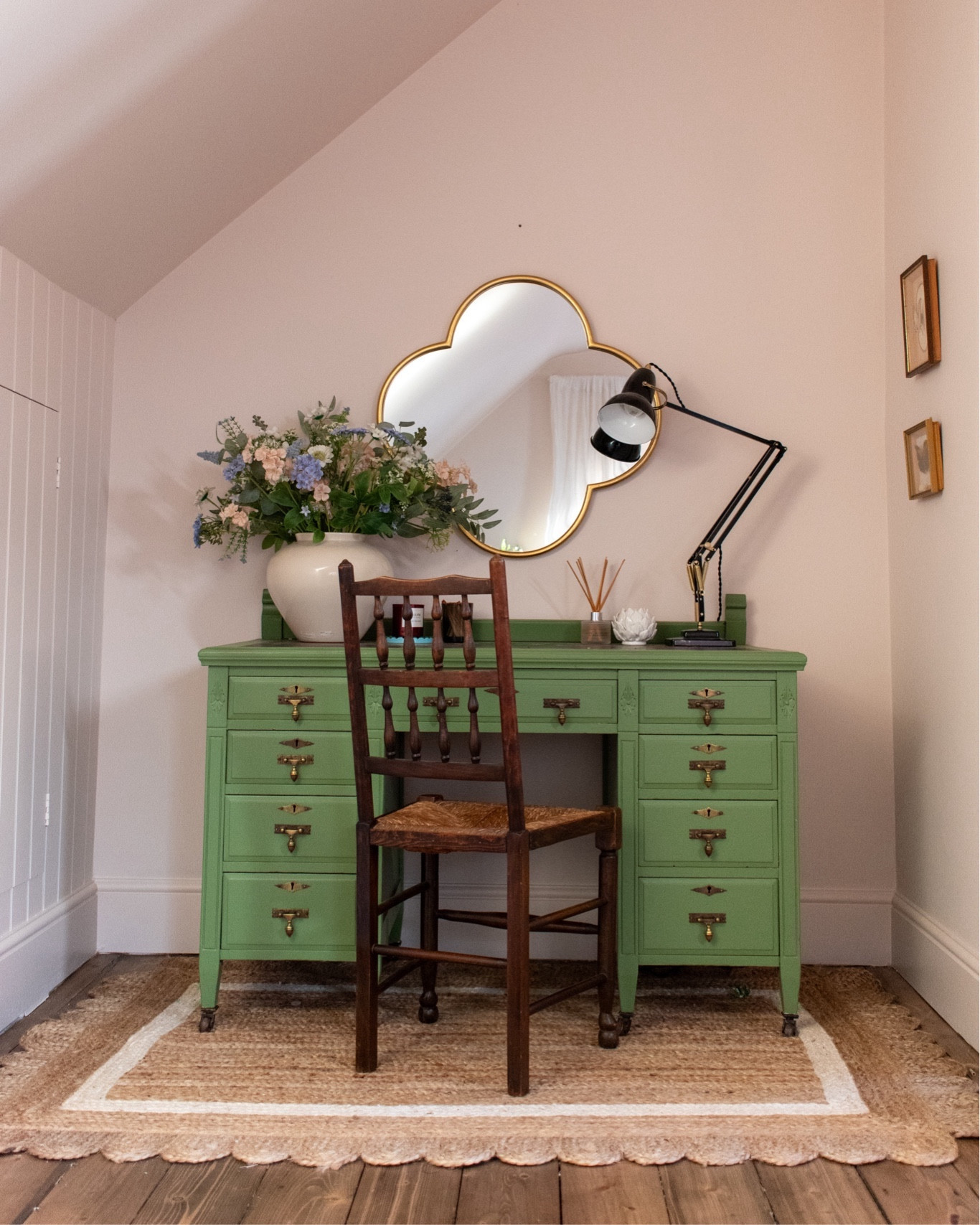 Dual purpose home office/dressing table with Anglepoise lamp, faux flowers, jute scallop rug and gold mirror. 

#LTKeurope #LTKhome