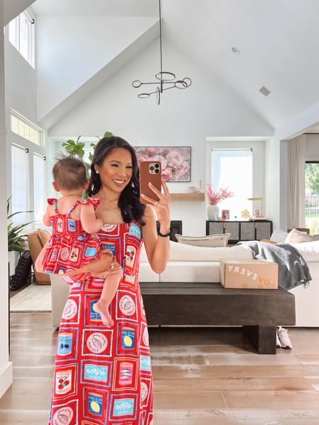 Matching mommy and me outfits with baby girl bummie set that she is wearing in size 6-12 months and my matching midi dress in size 0! Linking the top and pants in the same pattern, too that is on sale for up to 50% off! I love the print for summer for a matching fun outfit 

#LTKStyleTip #LTKSaleAlert #LTKSeasonal