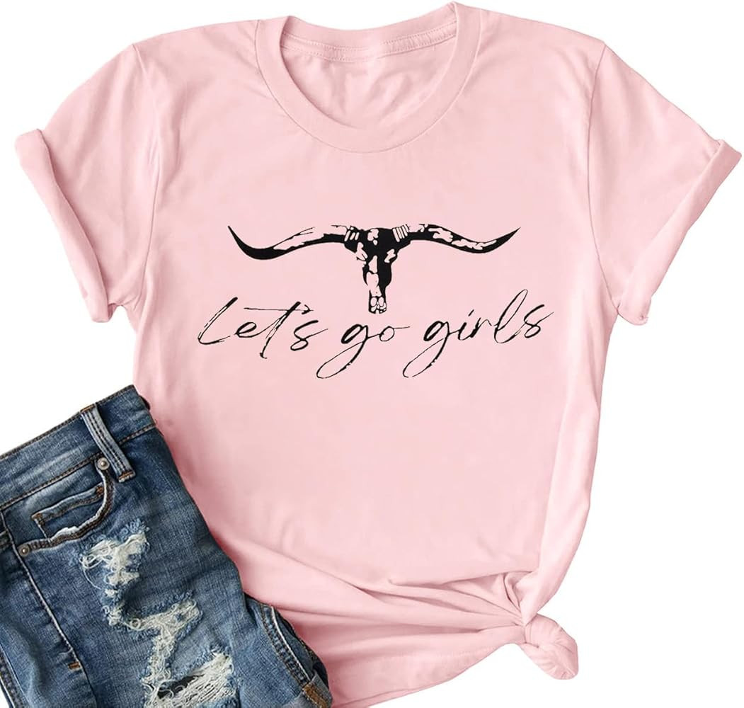 Let's Go Girl Shirt Women Western Bleached T-Shirt Retro Country Music Tee Shirt Cowgirls Shirts ... | Amazon (US)