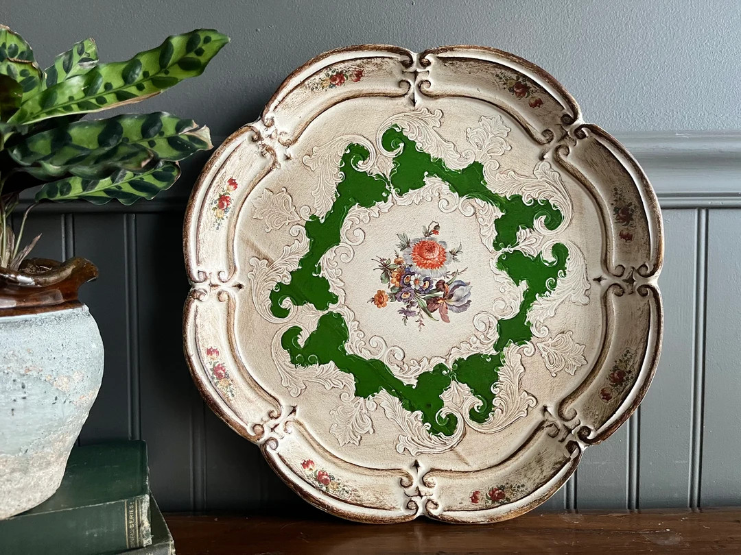 Vintage Italian Ivory & Green Florentine Scallop Edge Floral Tray | Etsy (US)