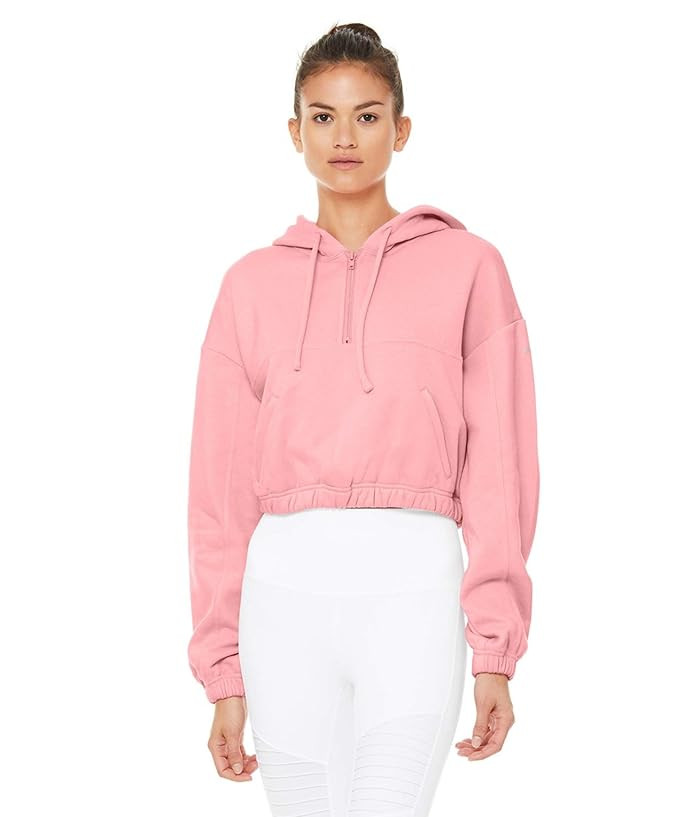 ALO Stadium 1/2 Zip Hoodie (Macaron Pink) Women's Sweatshirt | Zappos