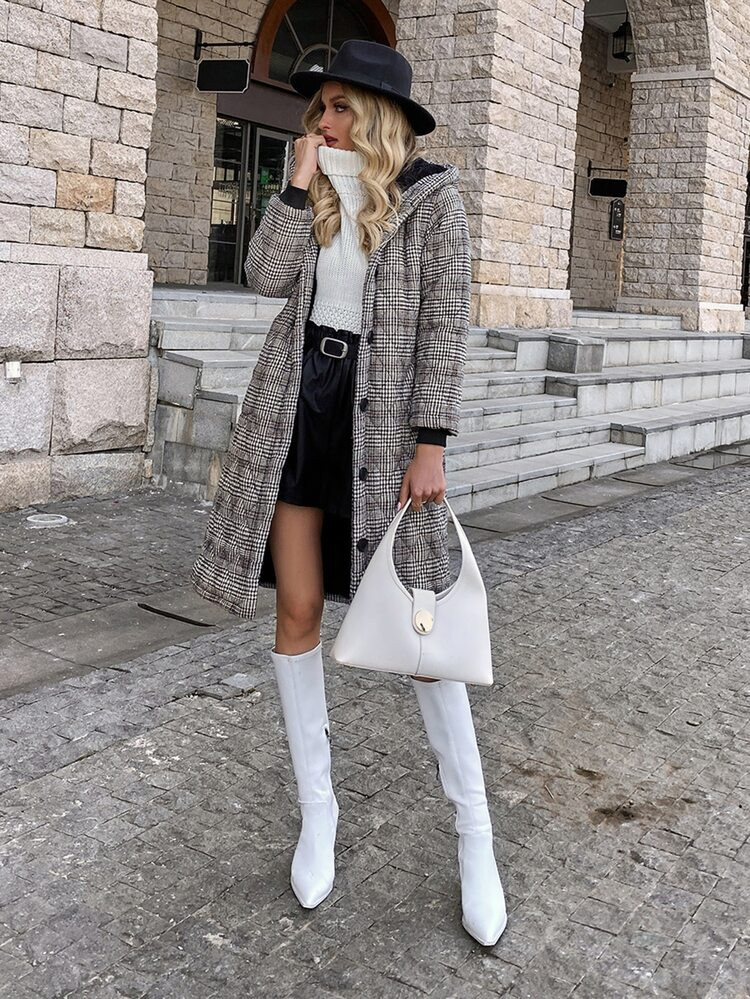 Button Front Plaid Hooded Overcoat | SHEIN