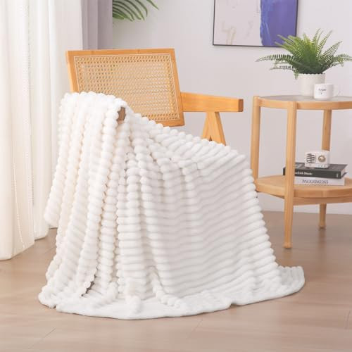 Linecooo Cream White Fleece Throw Blanket 60”×80” for Couch Sofa Bed,Super Soft Cozy Plush Microfiber Flannel Blanket with Stripes Design Lightweight for Adults,Woman,Girls | Amazon (US)