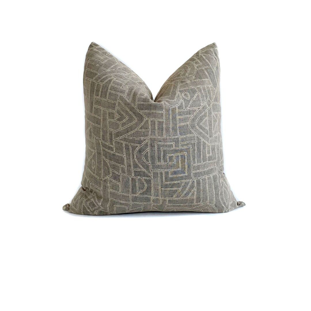 Geometric Pillow Cover Lines Maze Basalt Grey Tan Neutral Linen Cotton Blend Cushion Cover Couch ... | Etsy (US)
