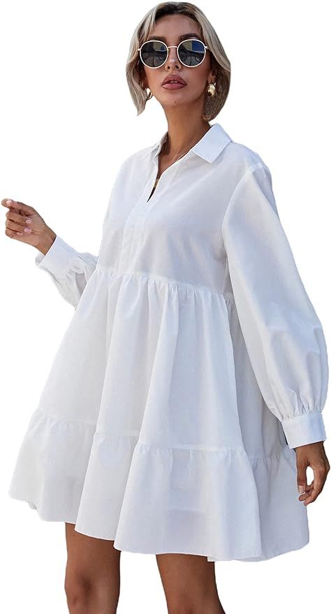 SheIn Women's Cute Long Sleeve Mini Dress V Neck Ruffle Hem Collar Babydoll Dresses | Amazon (US)