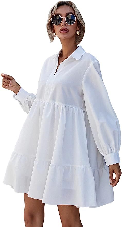 SheIn Women's Cute Long Sleeve Mini Dress V Neck Ruffle Hem Collar Babydoll Dresses | Amazon (US)
