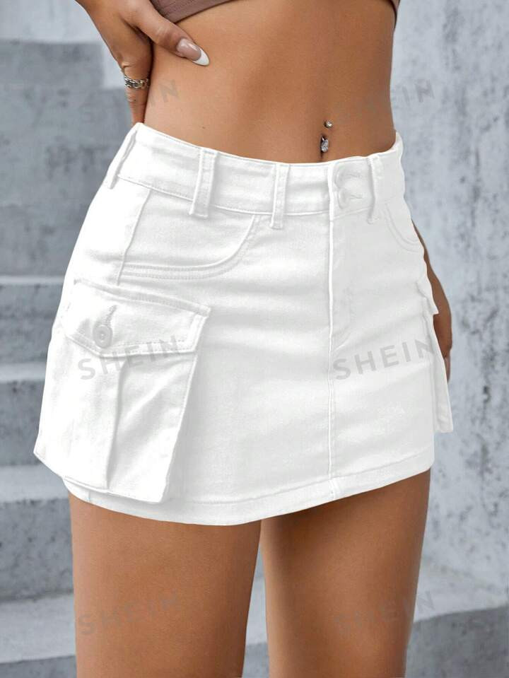 SHEIN ICON Low Waist Cargo Style Denim Mini Skirt | SHEIN