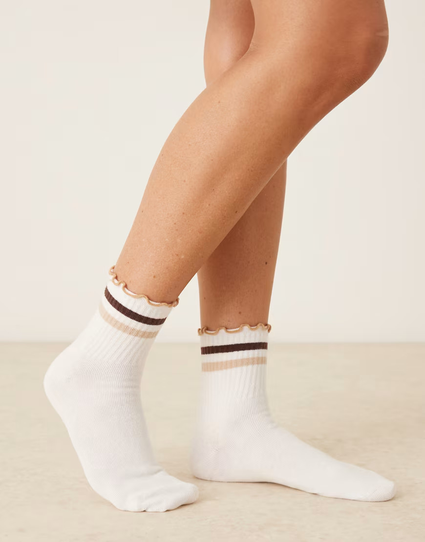 ASOS DESIGN frill top ankle socks in white with brown stripes | ASOS (Global)