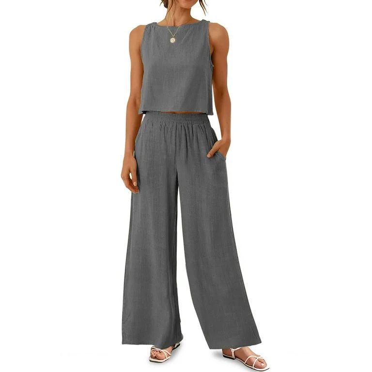 MOSHU Two Piece Lounge Sets for Women Loose Fit Tank Tops and Wide Leg Pants with Pockets Solid S... | Walmart (US)