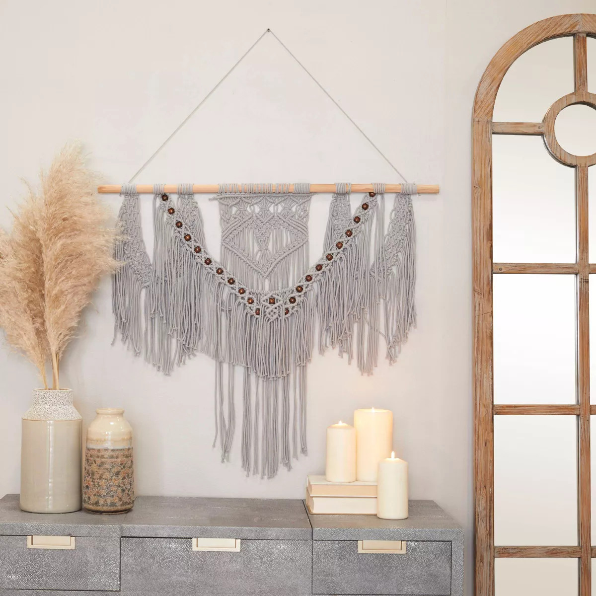 Cotton Macrame Intricately Handmade Weaved Wall Decor with Beaded Fringe Tassels - Olivia & May | Target