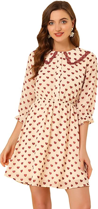 Allegra K Women's Halloween Peter Pan Collar Button Front Star Heart 3/4 Sleeve Chiffon Dress | Amazon (US)
