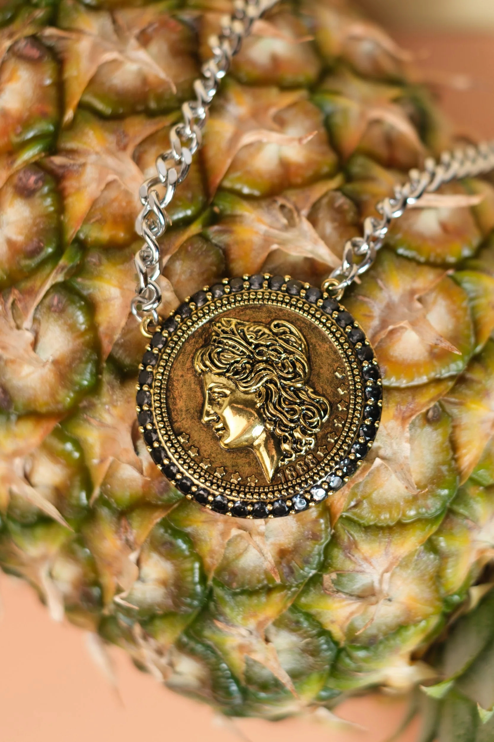 Year of Chic Medallion Onyx Crystal Two Tone 316L Stainelss Steel Neck | KC Chic Designs