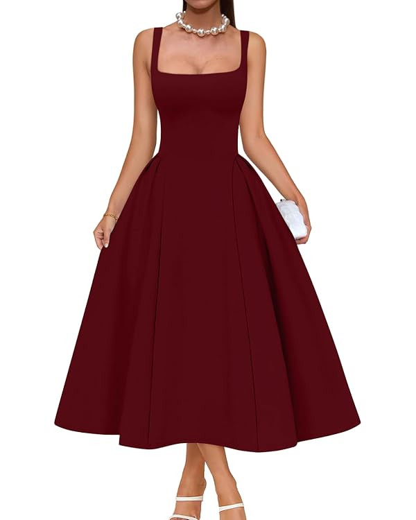 Memoriesea Women's Elegant Square Neck Swing A Line Wedding Evening Party Midi Dress | Amazon (US)