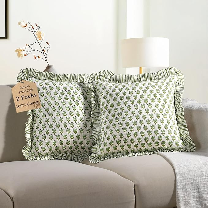 CPC Emerald Green Ruffle Throw Pillow Covers for Couch, 20x20 Inch Cotton Stripe Ruffle Couch Pil... | Amazon (US)
