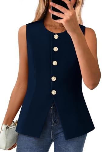 BTFBM Summer Sleeveless Blazer Vest For Women Dressy Button Down Round Neck Business Casual Outfits Work Suit Vests Tops(Navy Blue, X-Large) | Amazon (US)