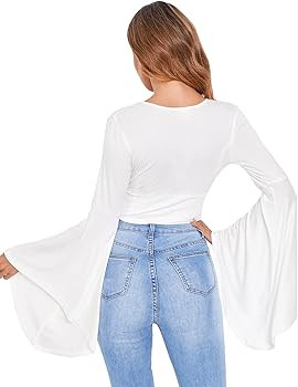 Floerns Women's V Neck Long Bell Sleeve Wrap Blouse Top Tee Shirts | Amazon (US)