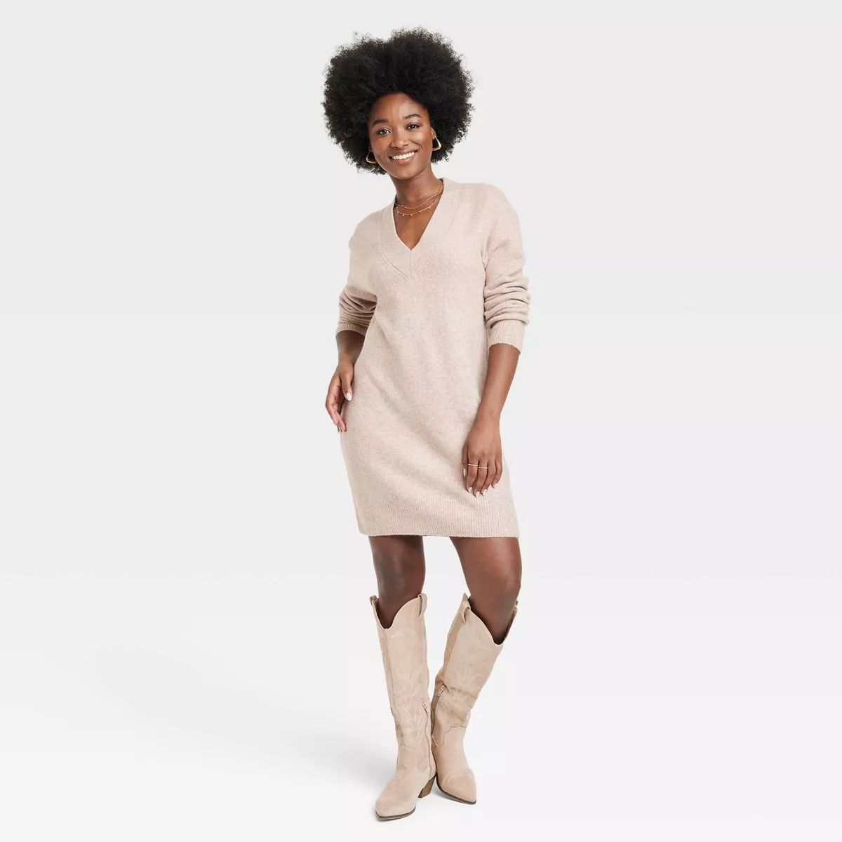 Women's Long Sleeve Tunic Mini Sweater Dress - Universal Thread™ Tan S | Target