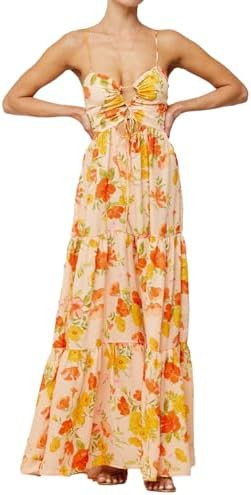 ABYOVRT Women Floral Maxi Dress Tie Front Cut Out Backless Boho Spaghetti Strap Summer Beach Sund... | Amazon (US)