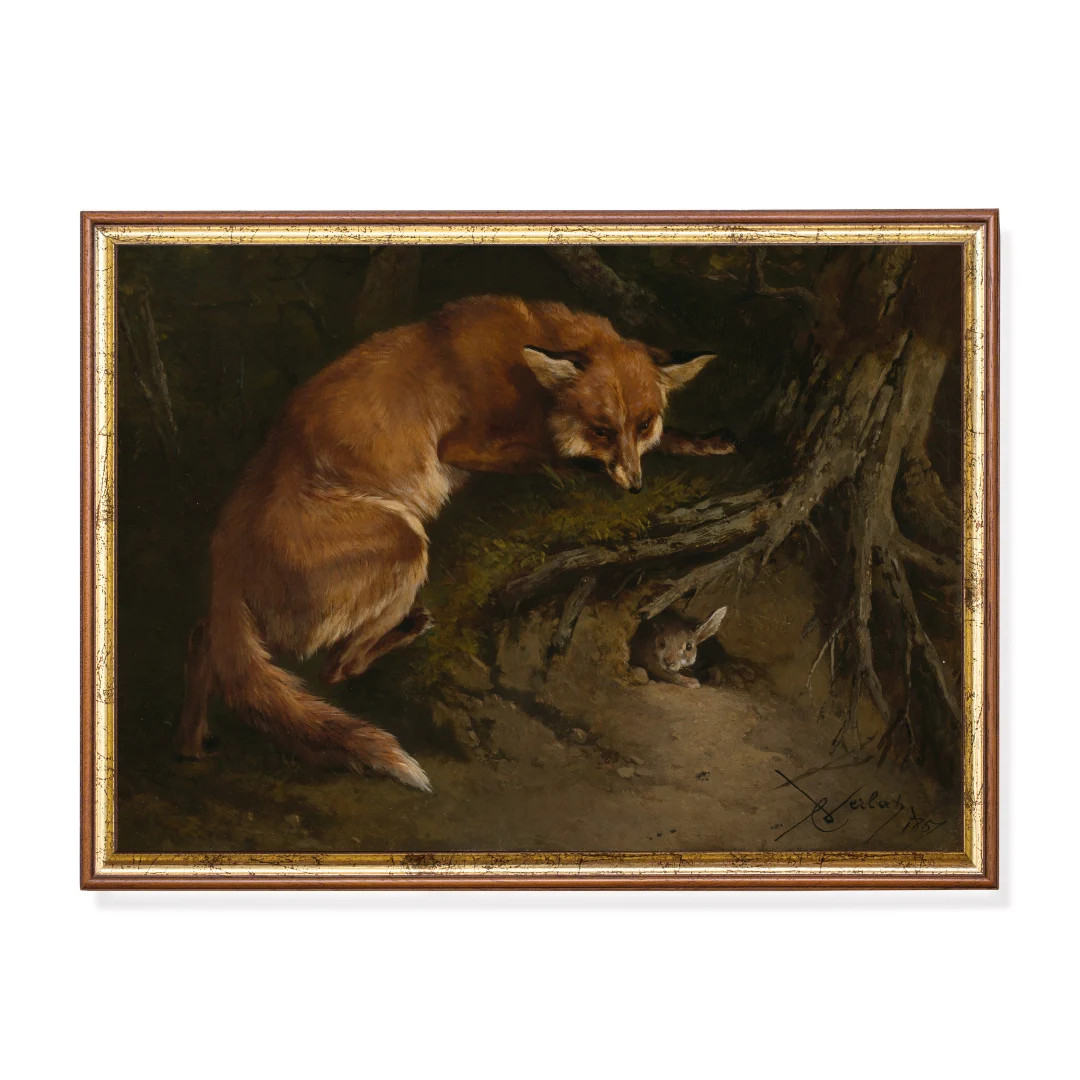 Vintage Fox and Rabbit Art Print: Dramatic Wildlife Painting | Etsy (US)