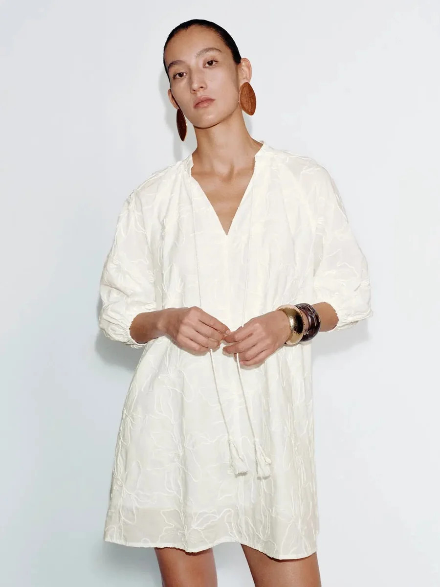 Floral Embroidered Tassel Detail Cotton A Line Dress | Urban Revivo
