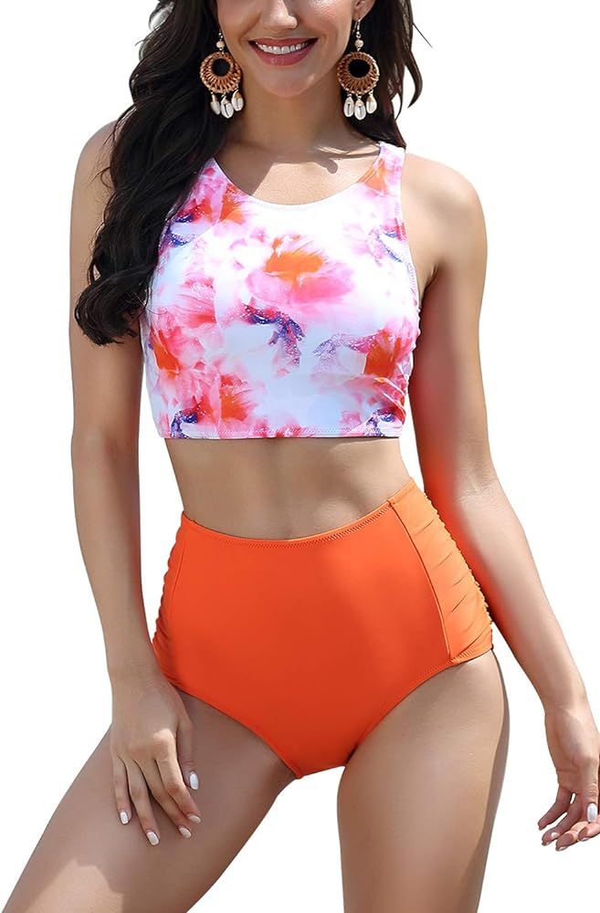 Women Athletic Two Piece Swimsuits Sports High Waisted Bathing Suit Crop Tops Bikini Set | Amazon (US)