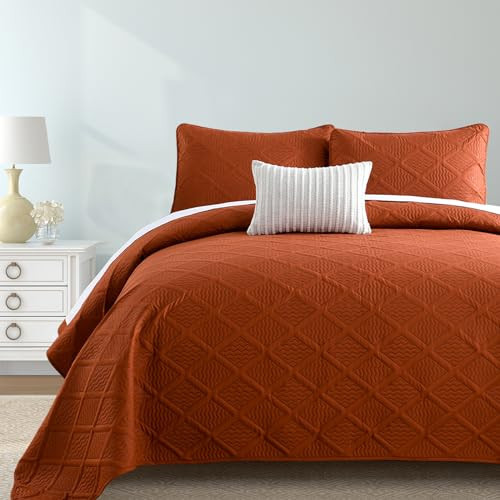 Yiran Burnt Orange Quilt Set King Size Bedding Set Lightweight Fall Bedspreads 3 Piece Soft Microfiber Terracotta Diamond Pattern Bed Coverlet for All Season with 2 Pillow Shams (96x90 Inch) | Amazon (US)