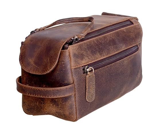 KOMALC Genuine Buffalo Leather Unisex Toiletry Bag Travel Dopp Kit (Distressed Tan) | Amazon (US)