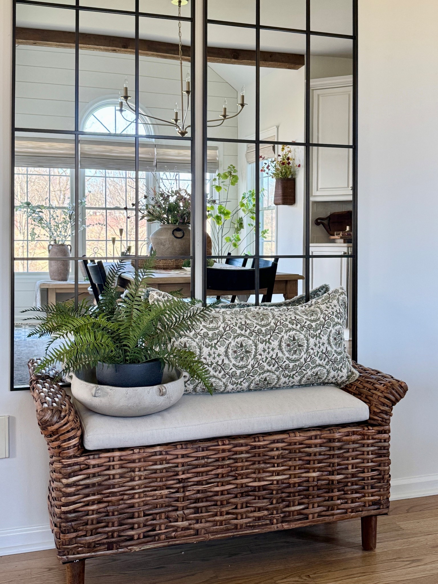 Found the perfect cushioned bench for under my tall paned mirrors. Beautiful organic artisan bowl, gold brushed chandelier, pretty potted fern, hanging rattan wall basket, similar block print lumbar pillow, whimsical smoke tree, solid wood dining chairs, embroidered table square, cherry blossom stems, tall sage stems and more  

#LTKHome