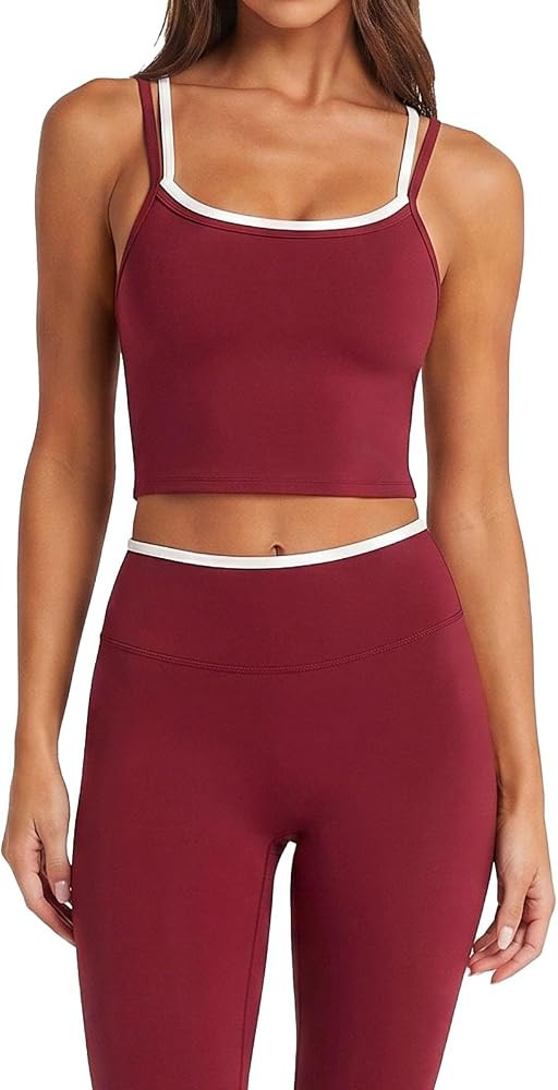 SUUKSESS Women Layered Workout Sets Padded Crop Camis Gym Active Leggings | Amazon (US)