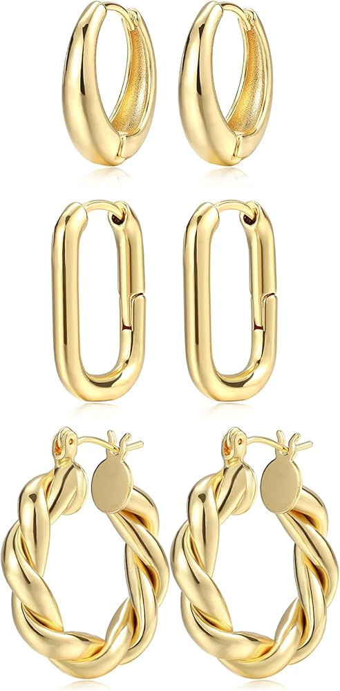 Gold Hoop Earrings Set for Women, 14K Gold Plated Lightweight Hypoallergenic Chunky Open Hoops Se... | Amazon (CA)