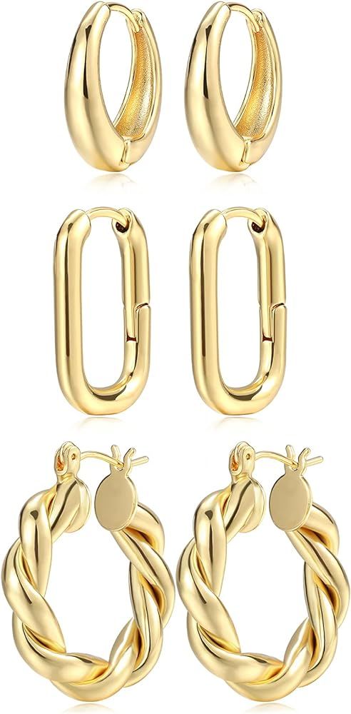Gold Hoop Earrings for Women, 14K Real Gold Plated Lightweight Chunky Gold Hoops Earrings for Gif... | Amazon (US)
