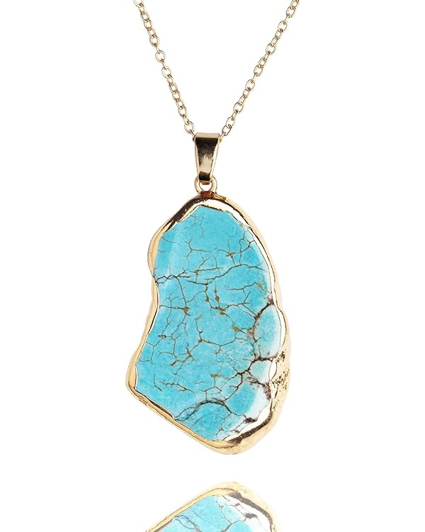Turquoise Necklace Pendant 14K Gold Plated Genuine Irregular Gemstones,Natural Crystal Healing Ha... | Amazon (US)