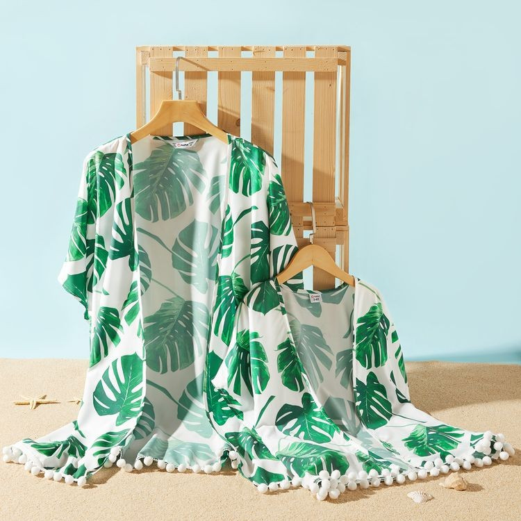 Mommy and Me Casual Leaf Print Pompom Decor Beach Cover Up | PatPat