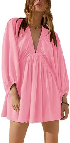 Tiko Miko Women's Sexy Long Sleeve V Neck Tunic Dress Casual Loose Flowy Mini Swing Shift Dresses | Amazon (US)