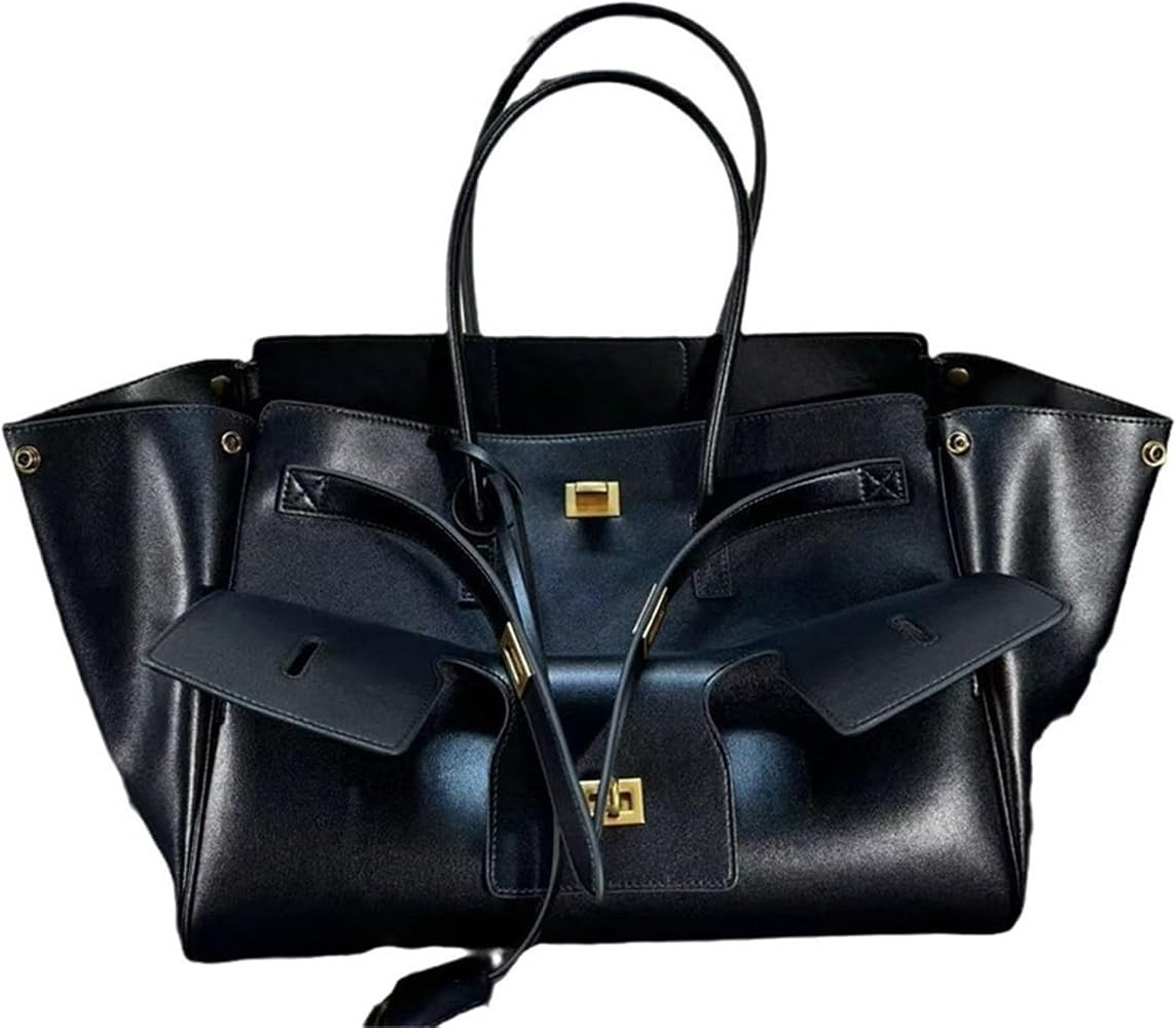CHENG CHENG Lock Tote Wing Roomy Bag Black Genuine Leather Shopping Bag Handbag Large Capacity Co... | Amazon (US)