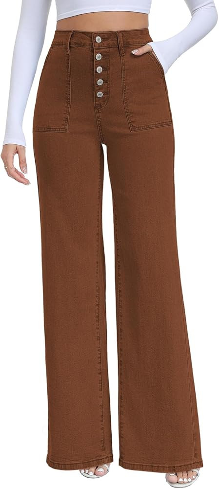 MARIASHA Women's Straight Leg Jeans High Waisted Button Fly Stretch Denim Pants for Women | Amazon (US)