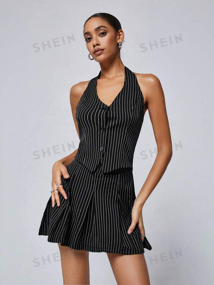 SHEIN EZwear Striped Print Button Front Halter Neck Backless Pleated Hem Dress | SHEIN USA | SHEIN