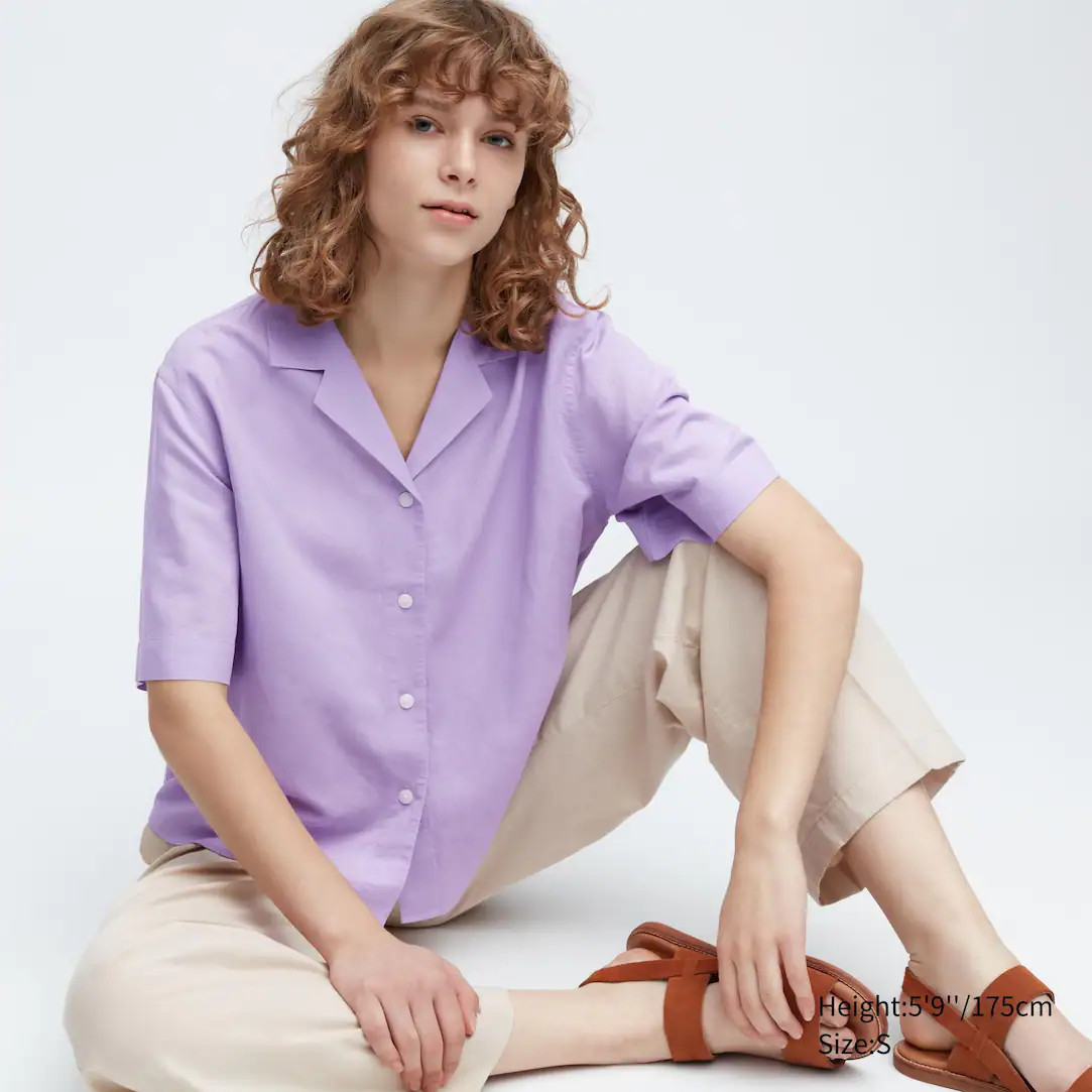 Leinen Mix Kurzarm Bluse mit offenem Kragen | UNIQLO (DE)