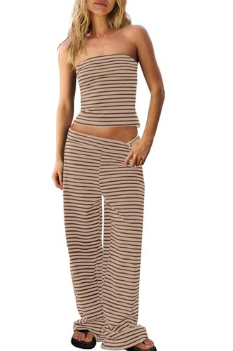 Panadila Womens Striped Two Piece Sets Summer Lounge Outfits Sailor Tube Top and Pants Matching Set Beach Vacation Travel Y2k (Light Khaki Brown Combo,L) | Amazon (US)
