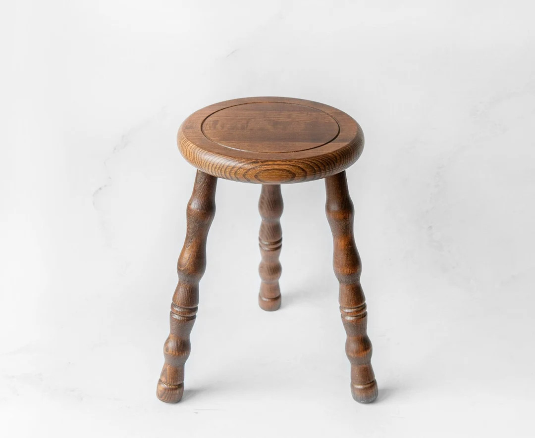 Oak Wooden Stool With Turned Legs, Round Tripod Table, Antique Farmers Stool, Rustic Plant Stand,... | Etsy (US)