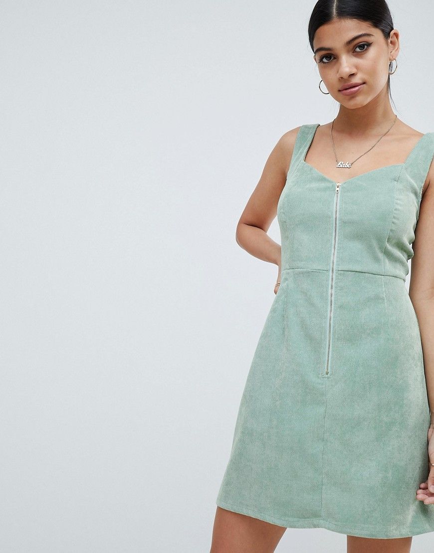Missguided Cord Zip Detail Mini Dress - Green | ASOS US