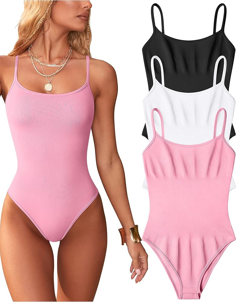 OQQ Women's 3 Piece Bodysuits Sexy One Piece Sleeveless Adjustable Spaghetti Strips Tops Bodysuit... | Amazon (US)