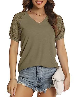HAOMEILI Women’s Long/Short Sleeve Tops Lace Shirt Casual Loose T Shirts Blouses | Amazon (US)