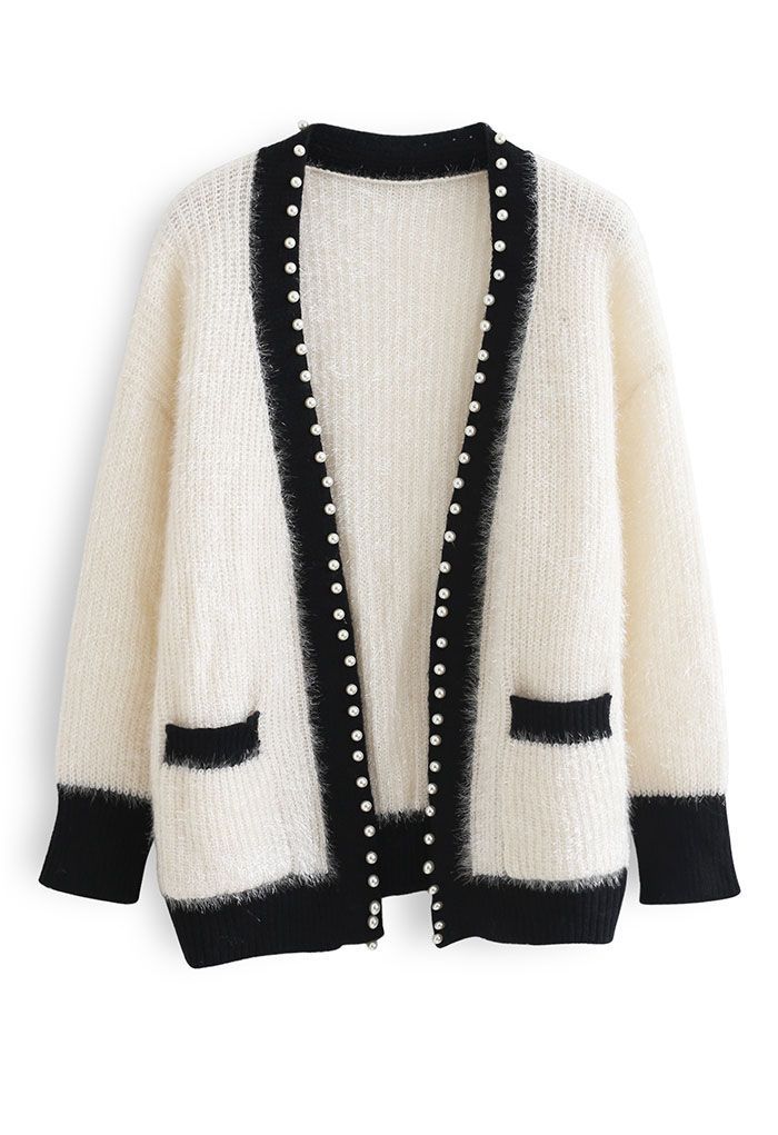 Shimmer Fuzzy Knit Pearly Cardigan in White | Chicwish