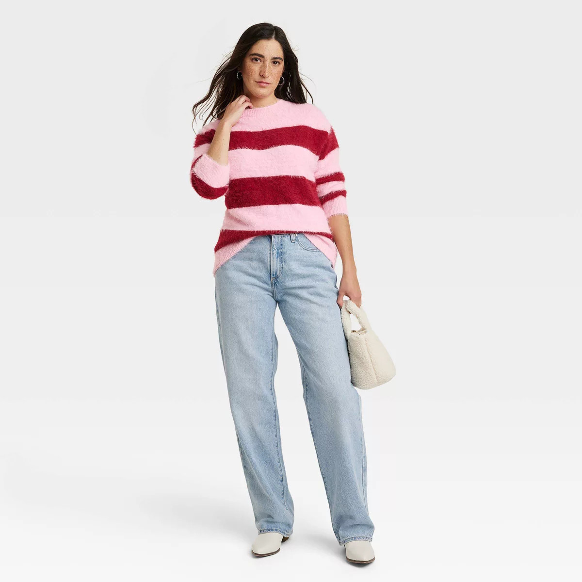 Women's Fuzzy Tunic Pullover Sweater - Universal Thread™ Red Striped XS | Target
